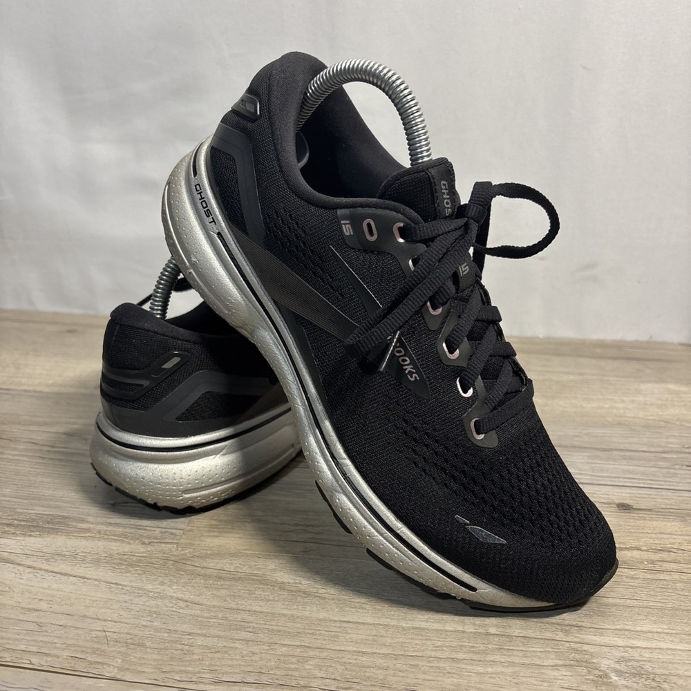 Women's 9 Brooks Ghost 15 Shoes Black Silver Running Athletic Training Sneakers